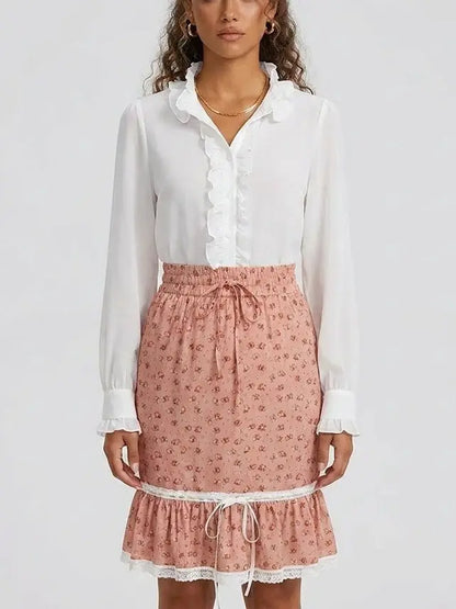Silk Ruffle Blouse and Blush Floral Skirt Set - Suits & Sets