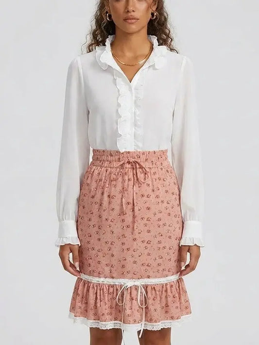 Silk Ruffle Blouse and Blush Floral Skirt Set - Suits & Sets