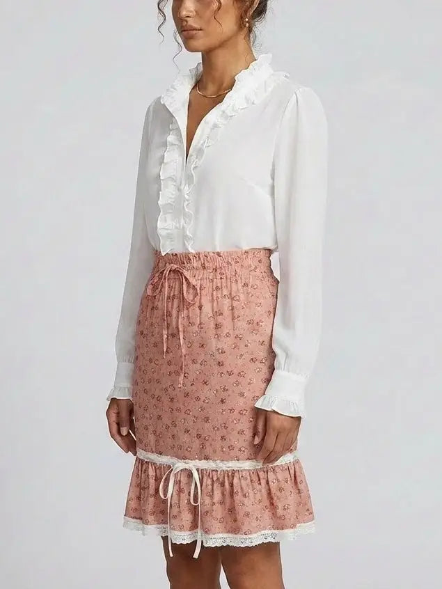 Silk Ruffle Blouse and Blush Floral Skirt Set - Suits & Sets