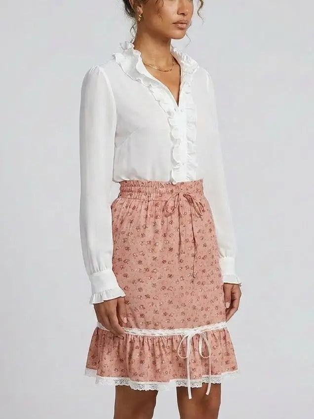 Silk Ruffle Blouse and Blush Floral Skirt Set - Suits & Sets