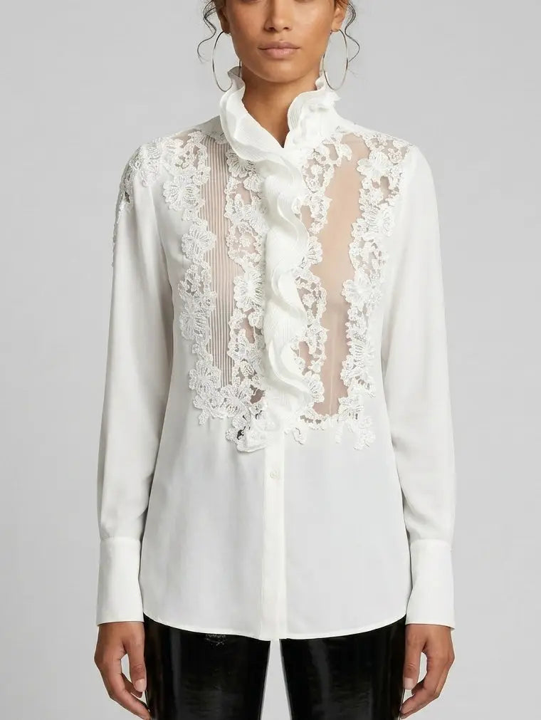 Silk Ruffle Front Blouse with Lace Panels - S / White - Tops