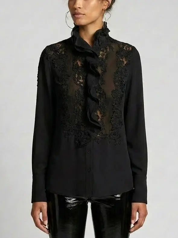 Silk Ruffle Front Blouse with Lace Panels - Tops