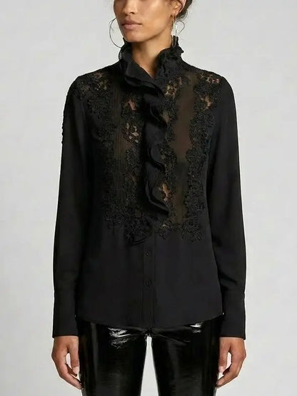 Silk Ruffle Front Blouse with Lace Panels - Tops