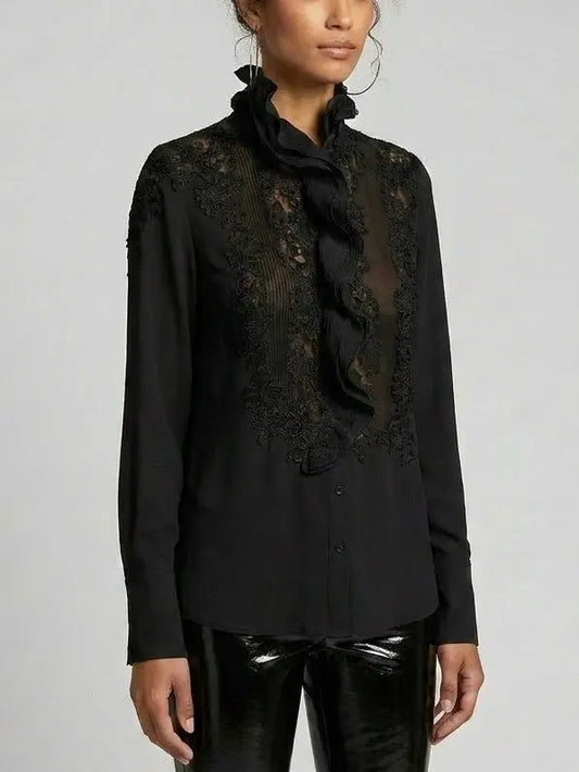 Silk Ruffle Front Blouse with Lace Panels - Tops