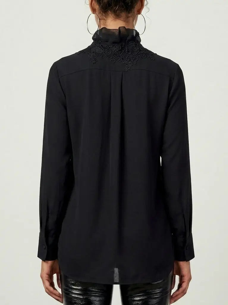 Silk Ruffle Front Blouse with Lace Panels - Tops