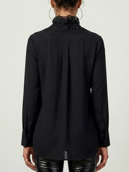 Silk Ruffle Front Blouse with Lace Panels - Tops