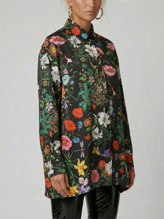 Silk Twill Botanical Print Black Button-Up Shirt - Tops
