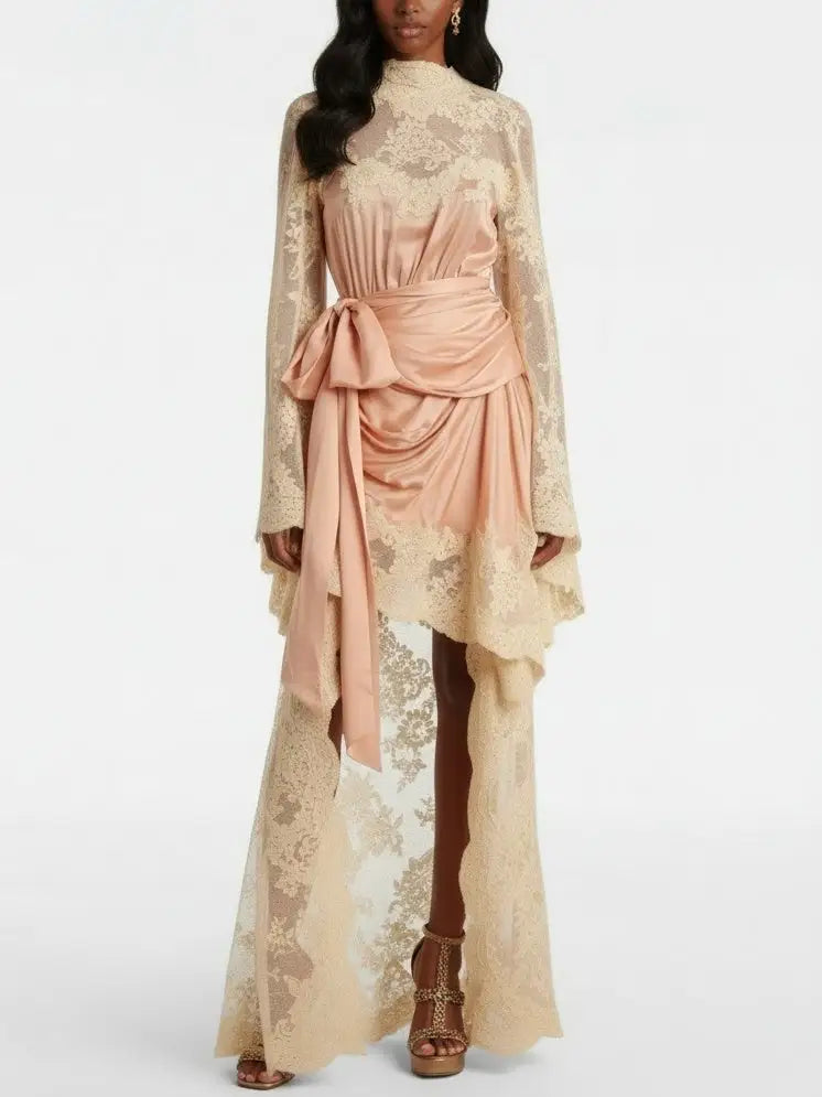 Silk and Lace High-Neck Draped Gown in Blush - Dresses