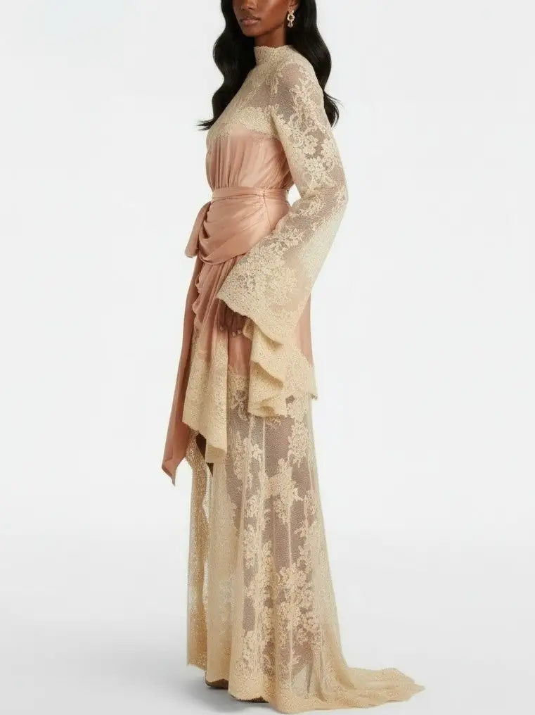 Silk and Lace High-Neck Draped Gown in Blush - Dresses