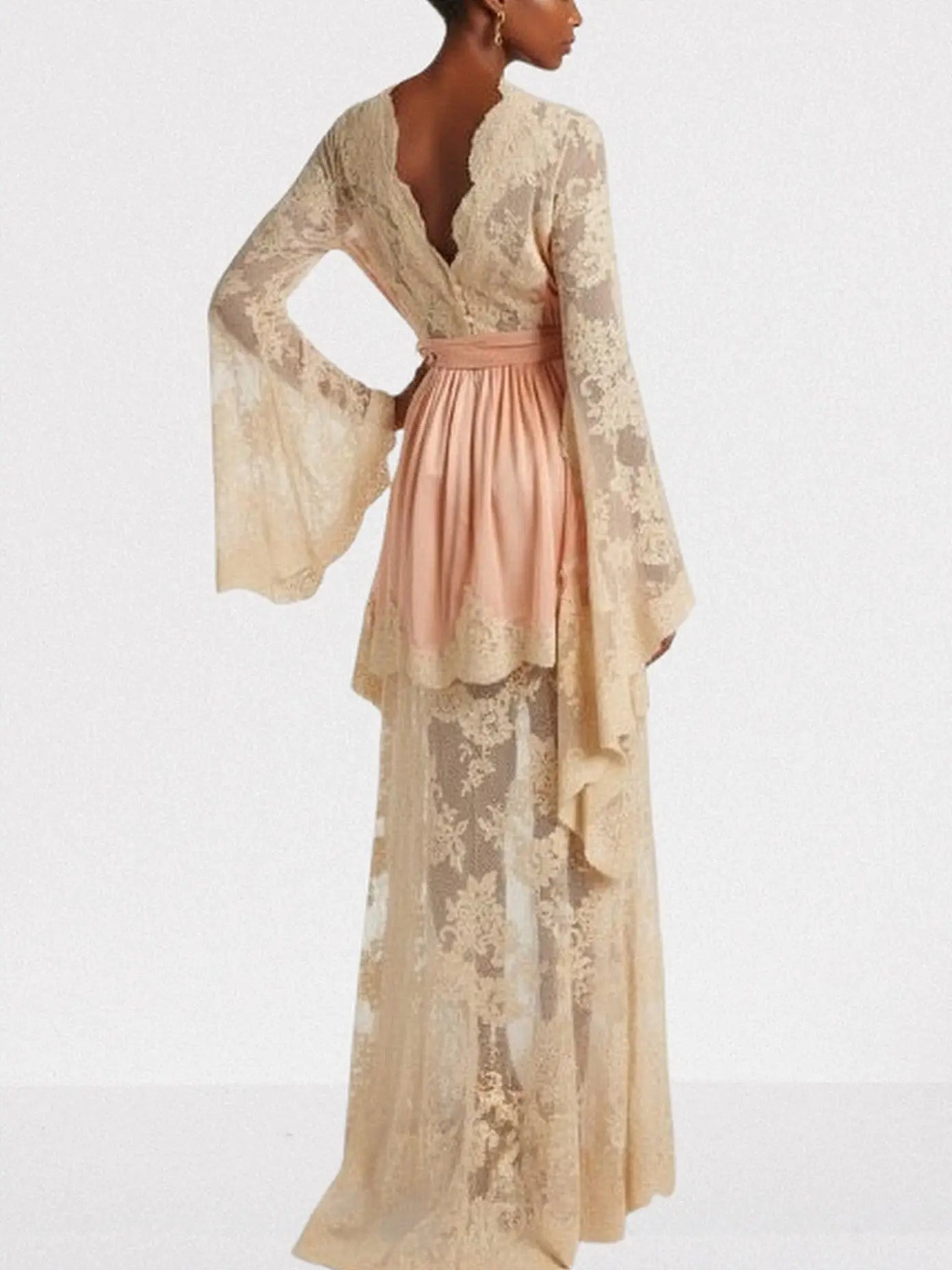 Silk and Lace High-Neck Draped Gown in Blush - Dresses