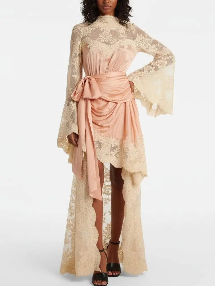 Silk and Lace High-Neck Draped Gown in Blush - S - Dresses