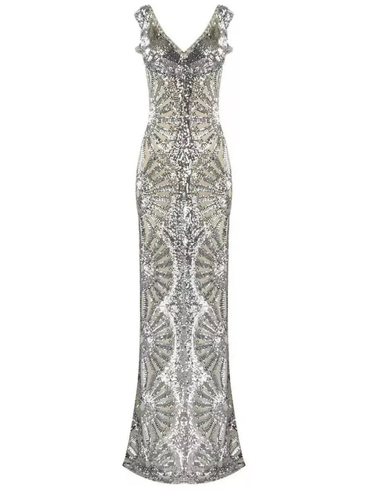 Silver Sequin-Embellished Evening Gown - Branna Couture