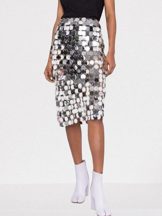 Silver Circle Mirror Sequin-Embellished Skirt - Small - Skirts