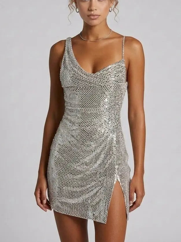 Silver Rhinestone Draped Asymmetrical Mini Dress - XS - Dresses