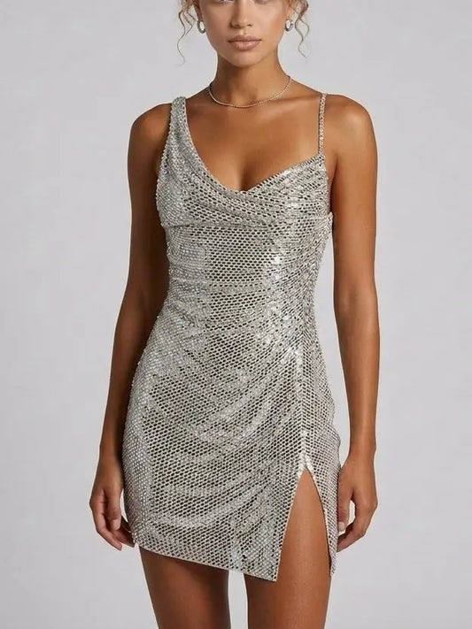 Silver Rhinestone Draped Asymmetrical Mini Dress - XS - Dresses