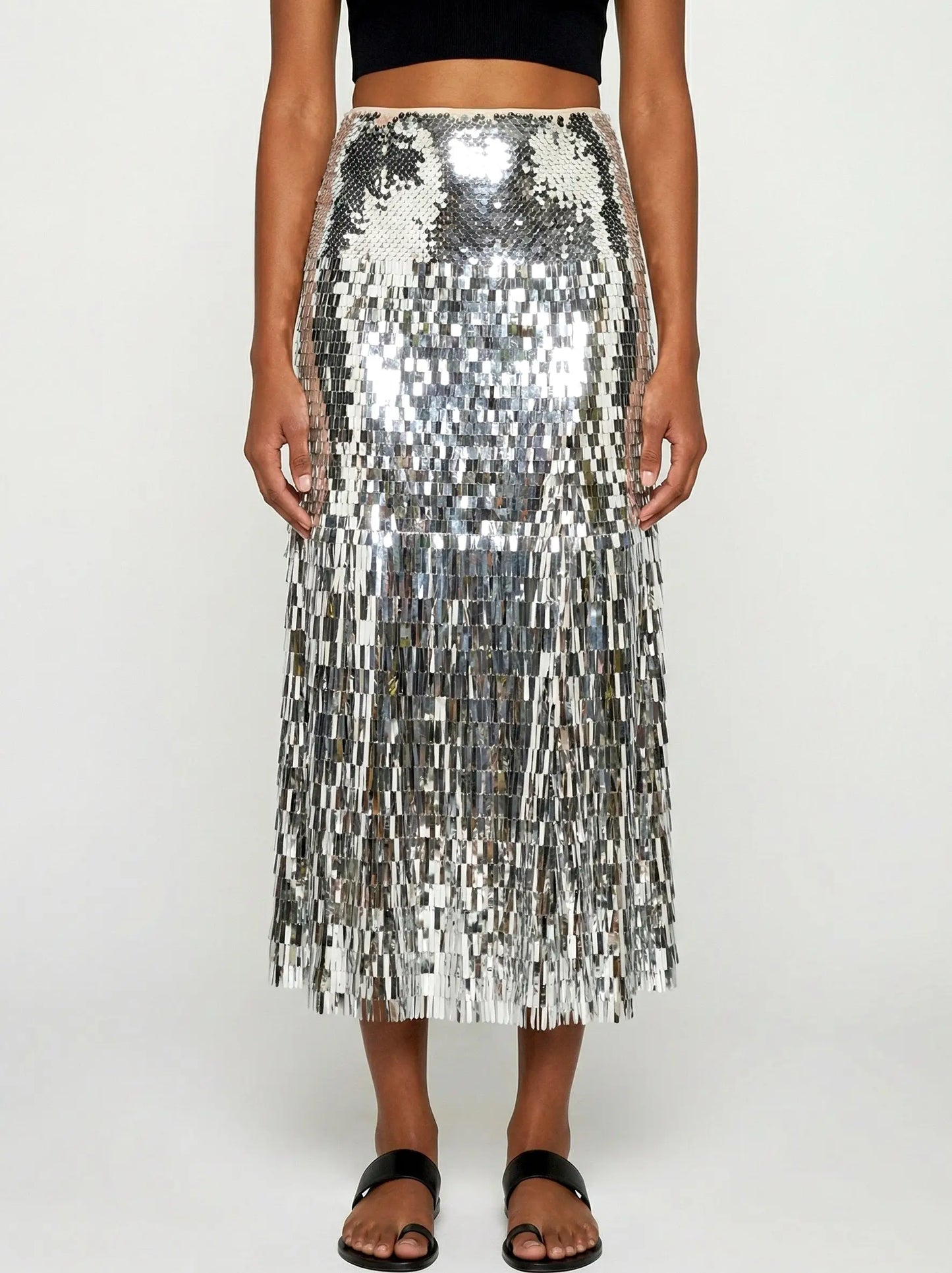 Silver Sequin Fringe Midi Skirt - S - Skirts
