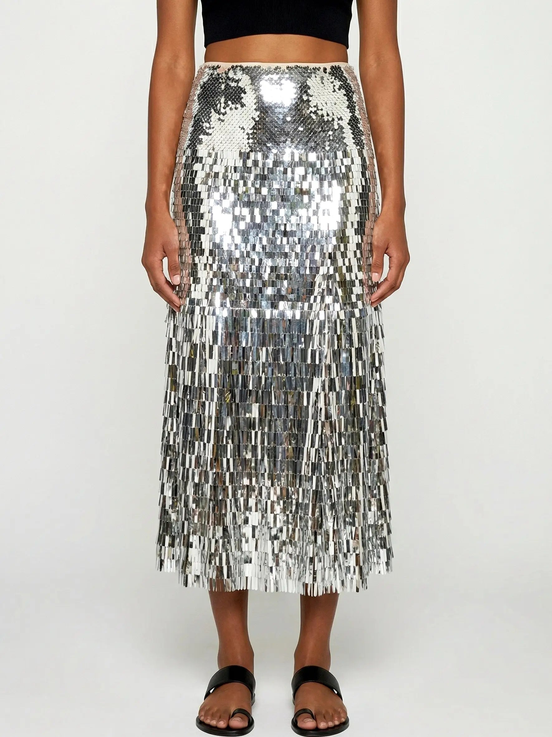 Silver Sequin Fringe Midi Skirt - S - Skirts
