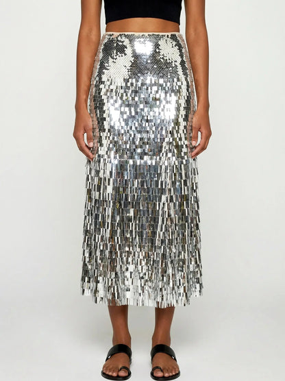 Silver Sequin Fringe Midi Skirt - S - Skirts