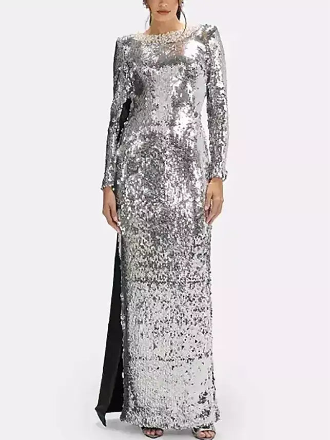 Silver Sequin Gown with Pearl Neckline - XS - Dresses