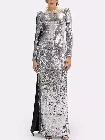 Silver Sequin Gown with Pearl Neckline - XS - Dresses