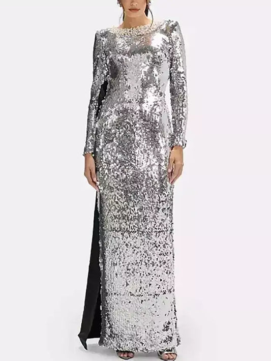 Silver Sequin Gown with Pearl Neckline - XS - Dresses