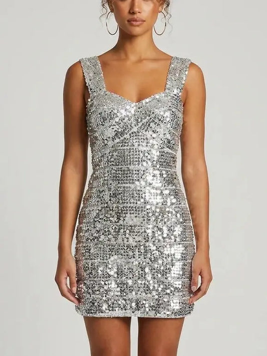 Silver Sequin Paneled Bodycon Mini Dress - Small - Dresses