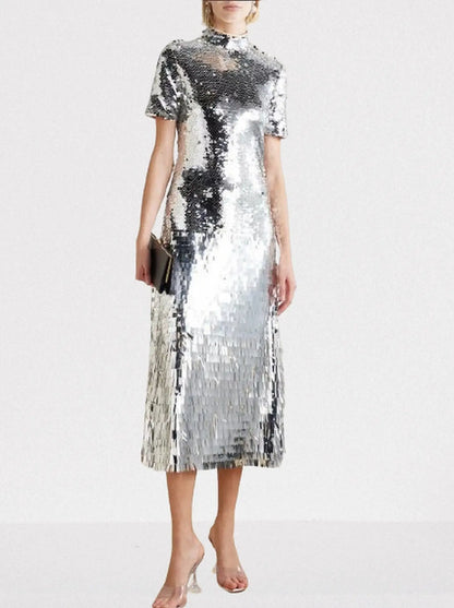 Silver Sequin Tulle Midi Dress - XS - Dresses