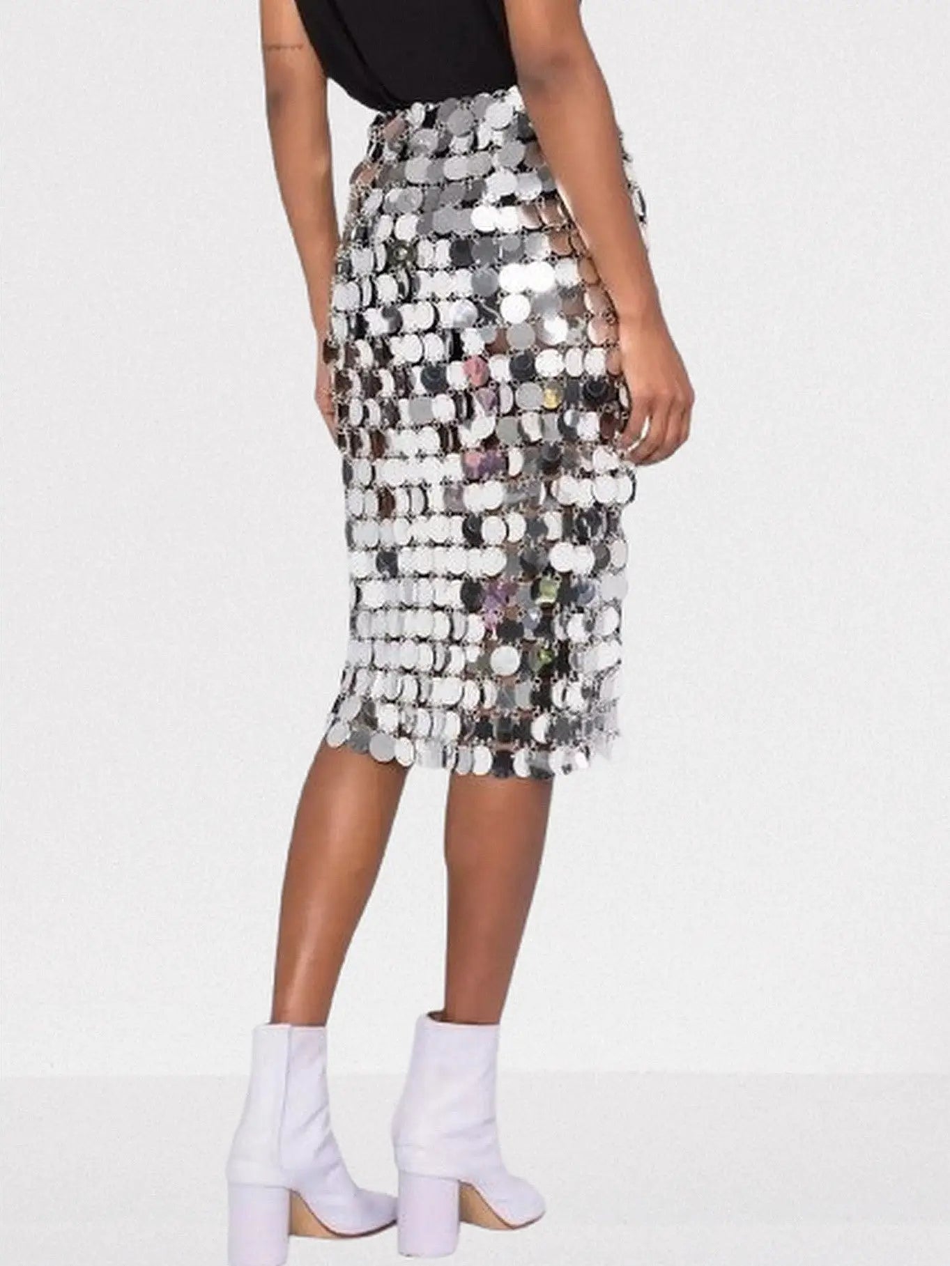 Silver Circle Mirror Sequin-Embellished Skirt - Skirts