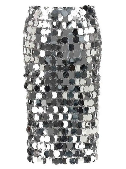 Silver Circle Mirror Sequin-Embellished Skirt - Skirts
