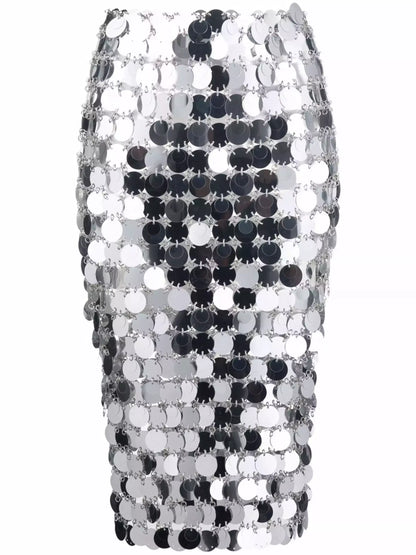 Silver Circle Mirror Sequin-Embellished Skirt - Skirts