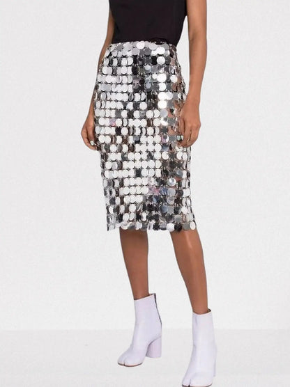 Silver Circle Mirror Sequin-Embellished Skirt - Skirts