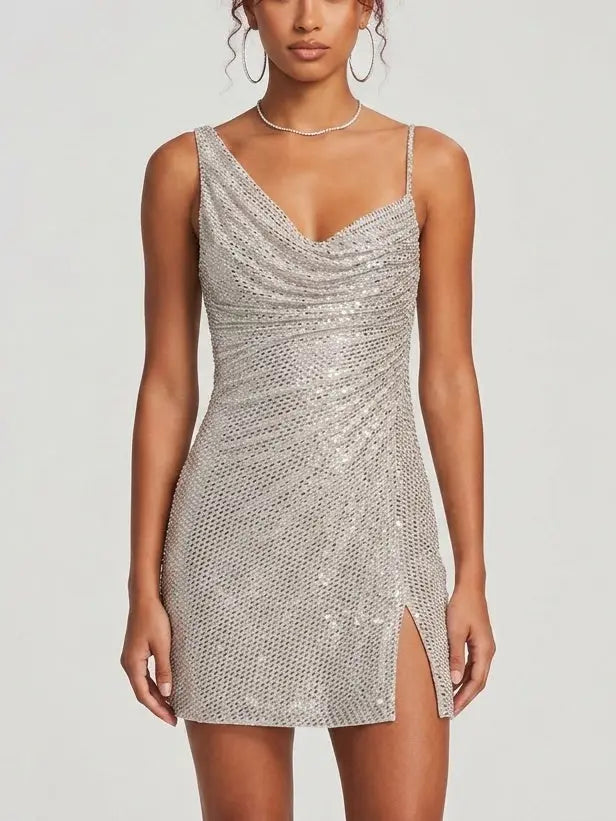Silver Rhinestone Draped Asymmetrical Mini Dress - Dresses