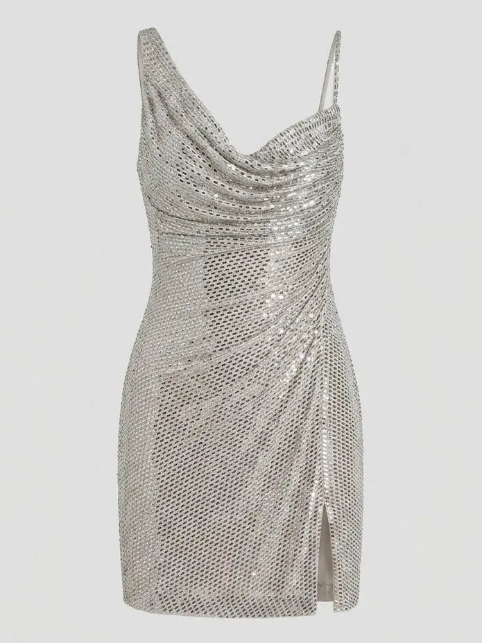 Silver Rhinestone Draped Asymmetrical Mini Dress - Dresses