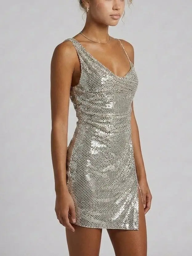 Silver Rhinestone Draped Asymmetrical Mini Dress - Dresses