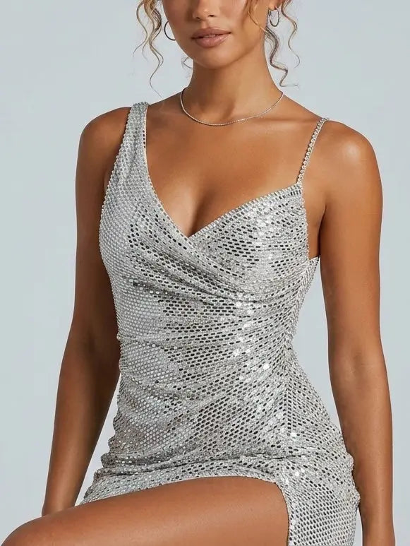 Silver Rhinestone Draped Asymmetrical Mini Dress Silver Rhinestone Draped Asymmetrical Mini Dress