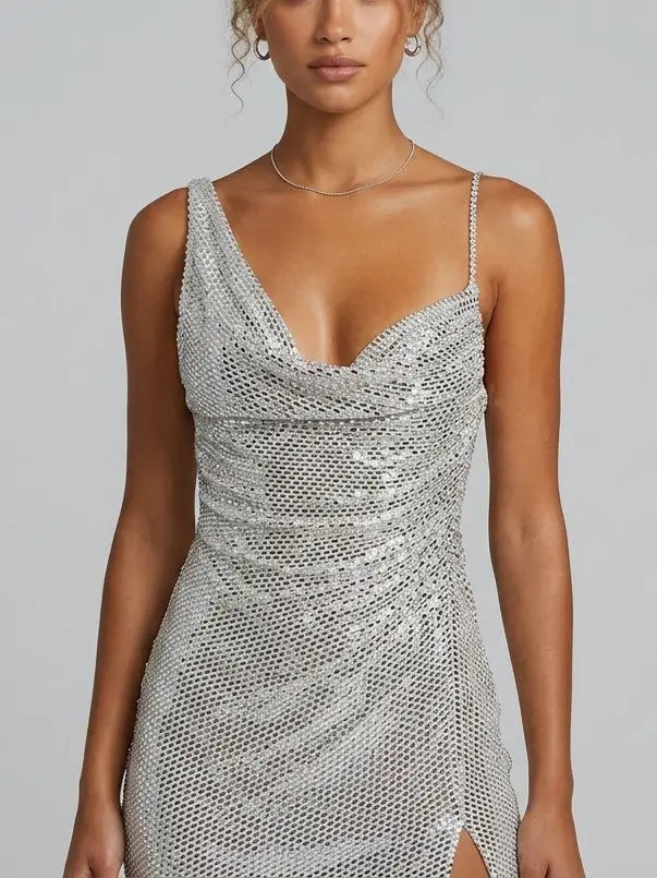 Silver Rhinestone Draped Asymmetrical Mini Dress - Dresses