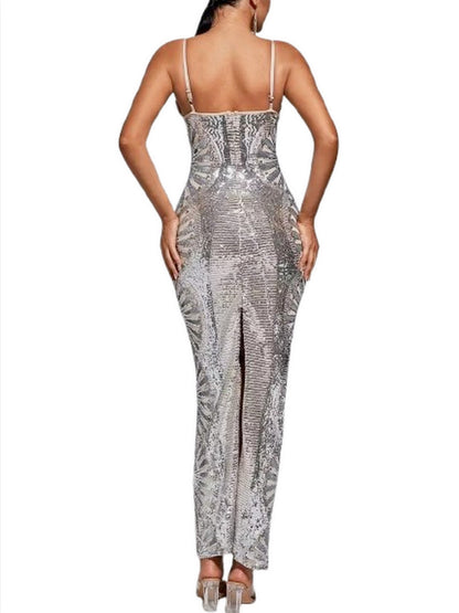 Silver Sequin-Embellished Evening Gown
