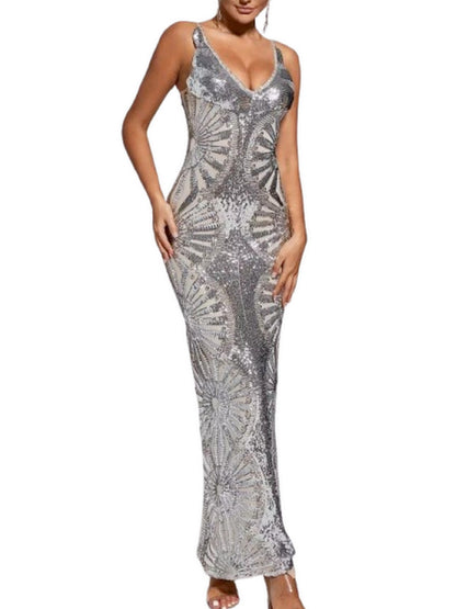 Silver Sequin-Embellished Evening Gown