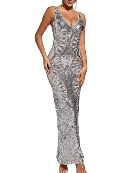 Silver Sequin-Embellished Evening Gown - Dresses