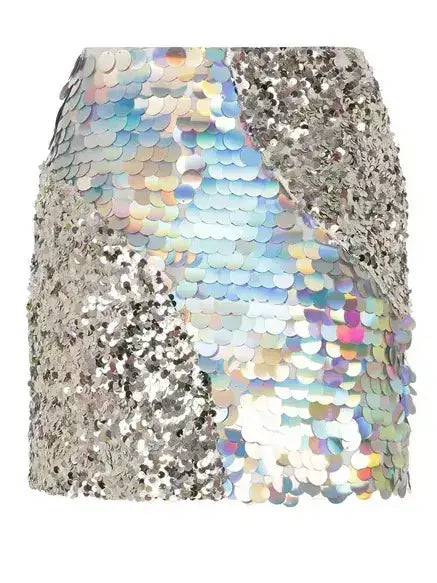 Silver Sequin-Embellished Mini Skirt - Skirts