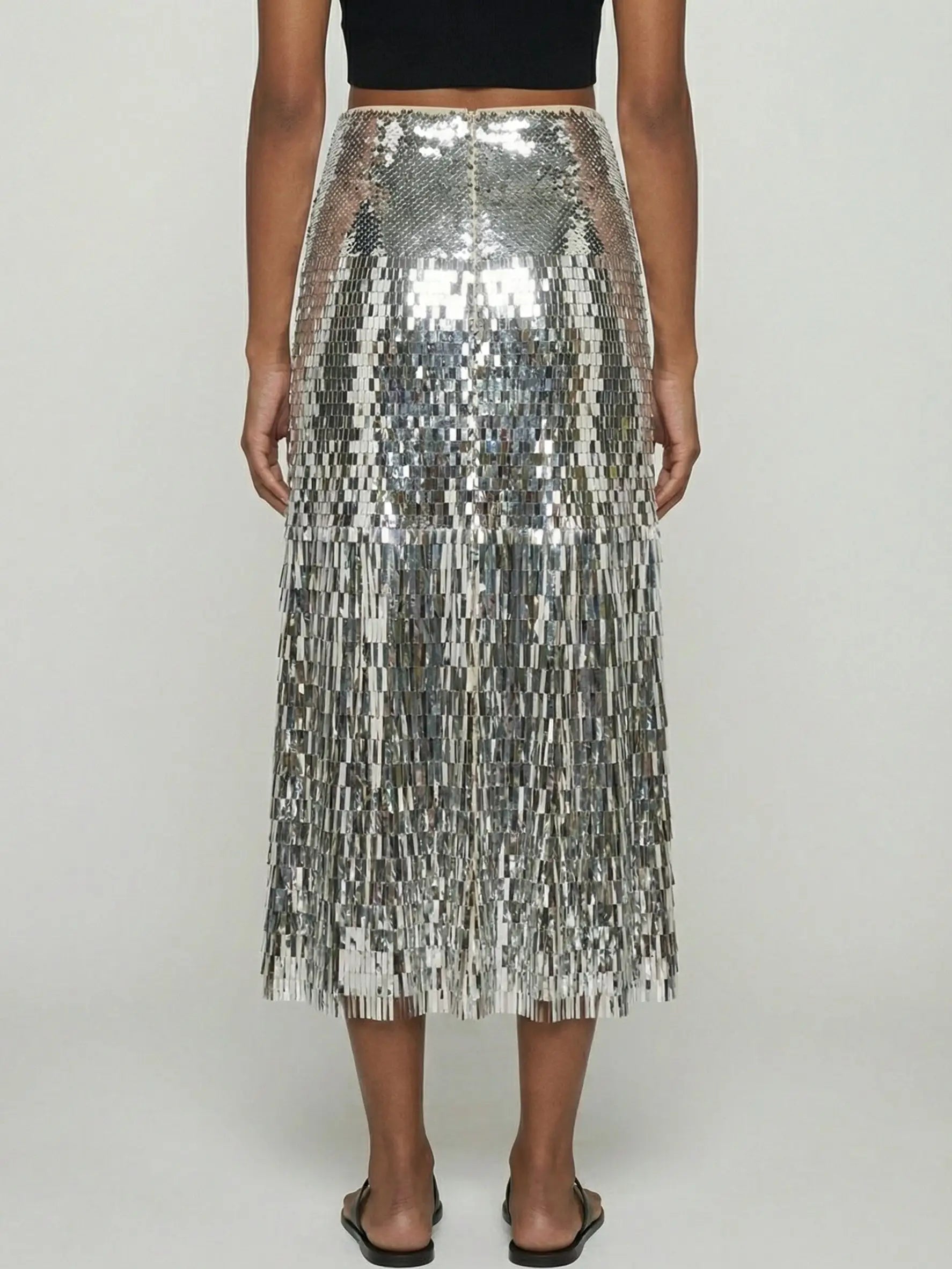 Silver Sequin Fringe Midi Skirt - Skirts