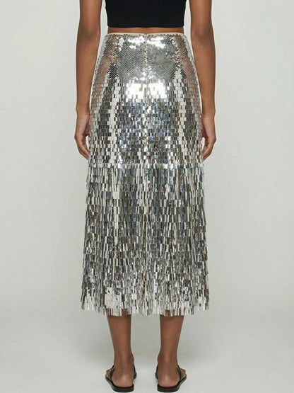 Silver Sequin Fringe Midi Skirt - Skirts