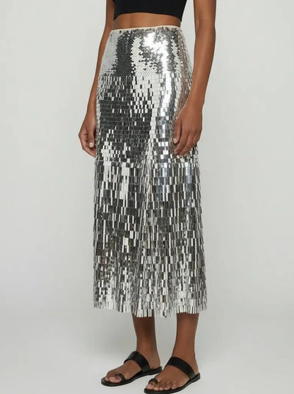 Silver Sequin Fringe Midi Skirt - Skirts