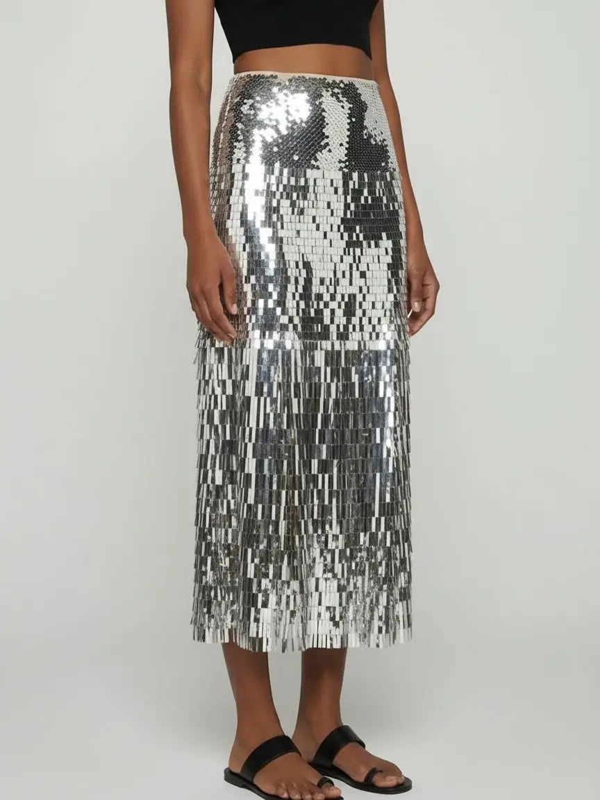 Silver Sequin Fringe Midi Skirt - Skirts