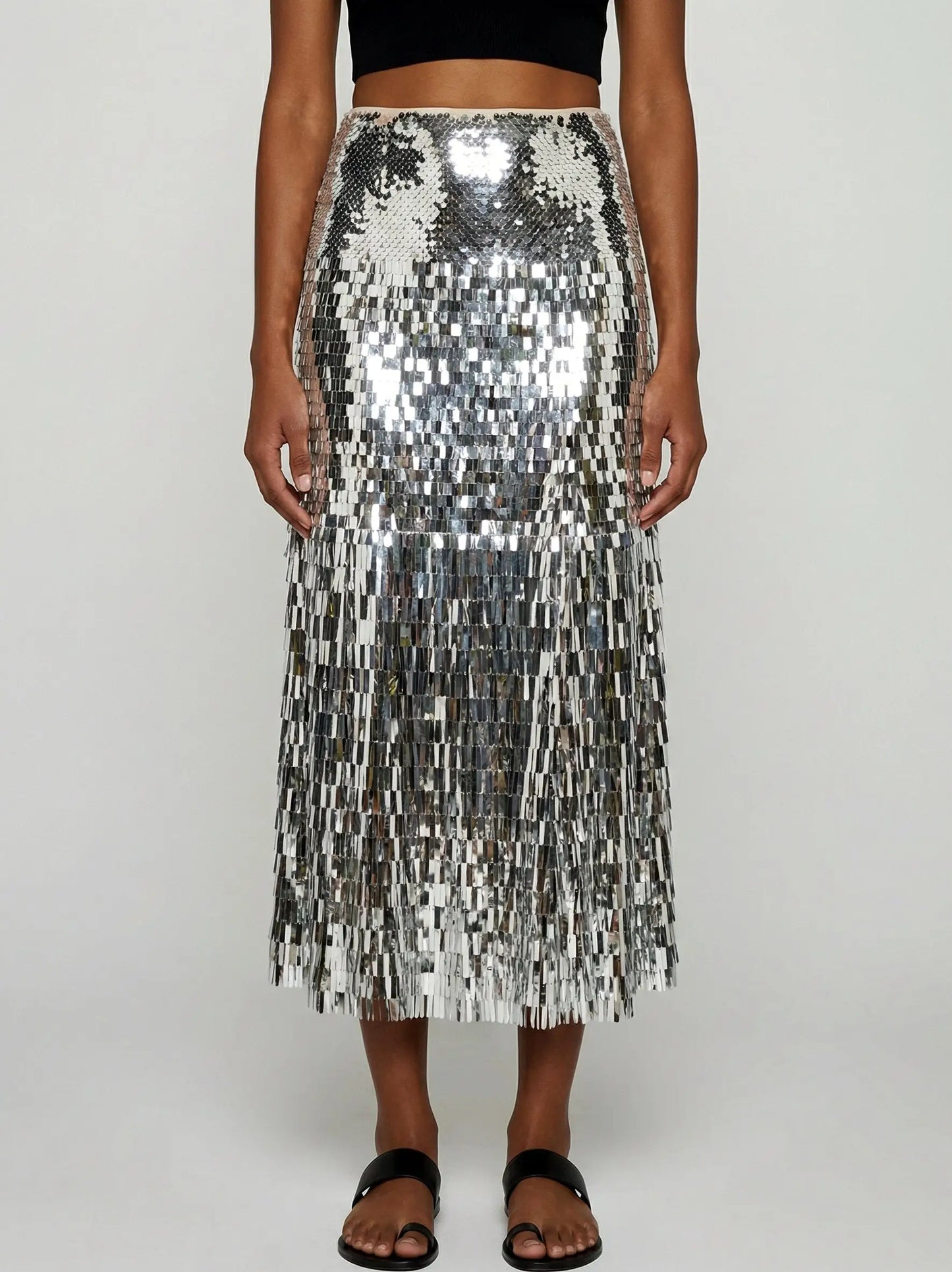 Silver Sequin Fringe Midi Skirt - Skirts