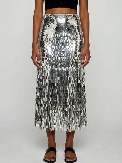 Silver Sequin Fringe Midi Skirt - Skirts