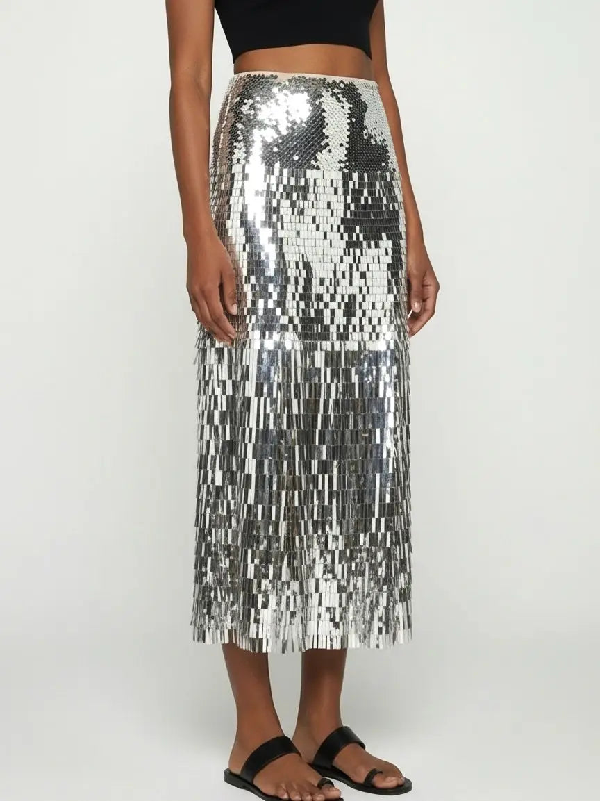 Silver Sequin Fringe Midi Skirt - Skirts