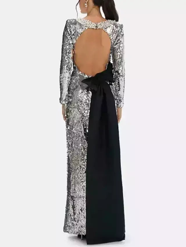 Silver Sequin Gown with Pearl Neckline - Dresses