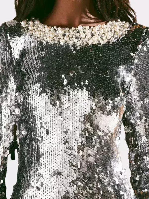 Silver Sequin Gown with Pearl Neckline - Dresses