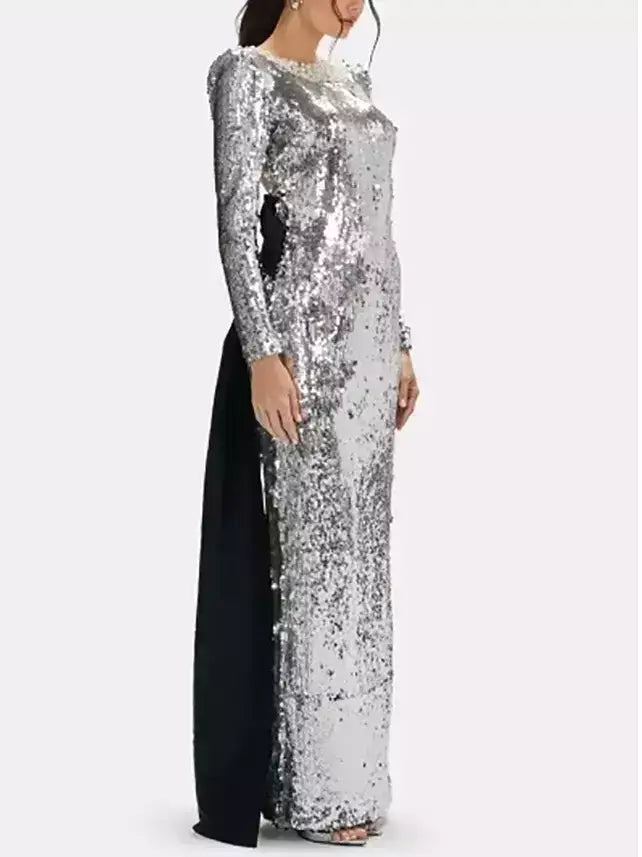 Silver Sequin Gown with Pearl Neckline - Dresses